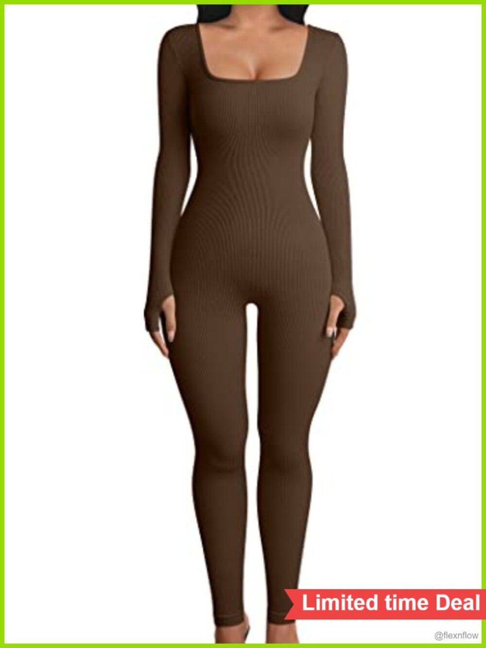 Ribbed Long Sleeve Yoga Jumpsuit Square Neck One Piece Workout Bodysuit